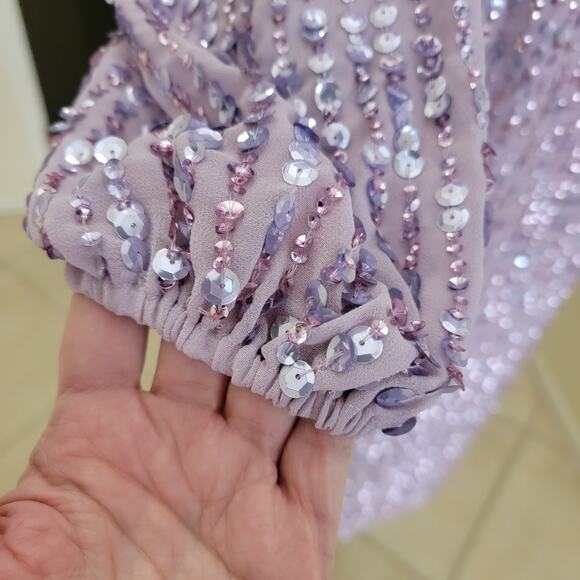 Mac Duggal 107641 Lavender Purple 2 Sequin Lilac Long Sleeve Midi Dress Evening - Picture 5 of 13